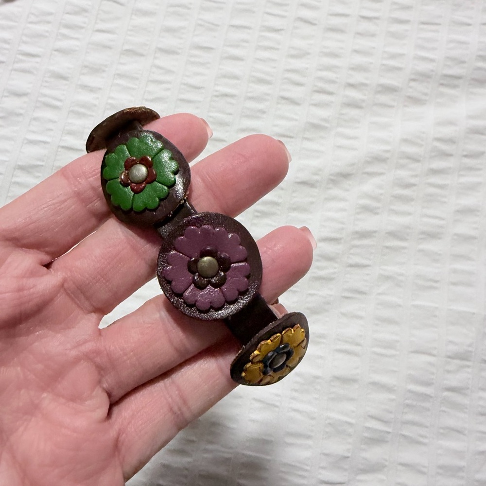 Western floral Leather Bracelet with Green, Purple, and Yellow Accents